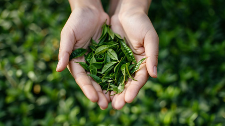 创意茶农茶园植物叶子手捧清香茶叶立体描绘摄影照片