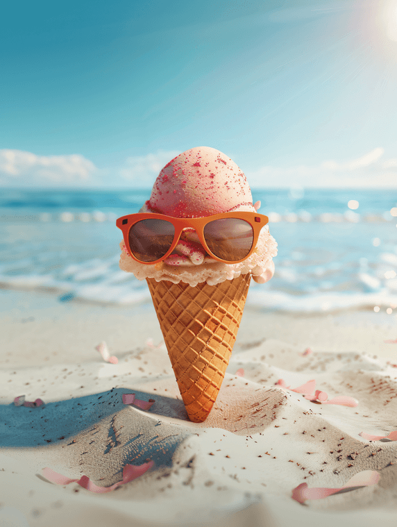 夏天沙滩冰激凌大海蛋筒暑假