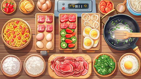 创意美食火锅材料蔬菜肉类插画海报游戏桌面