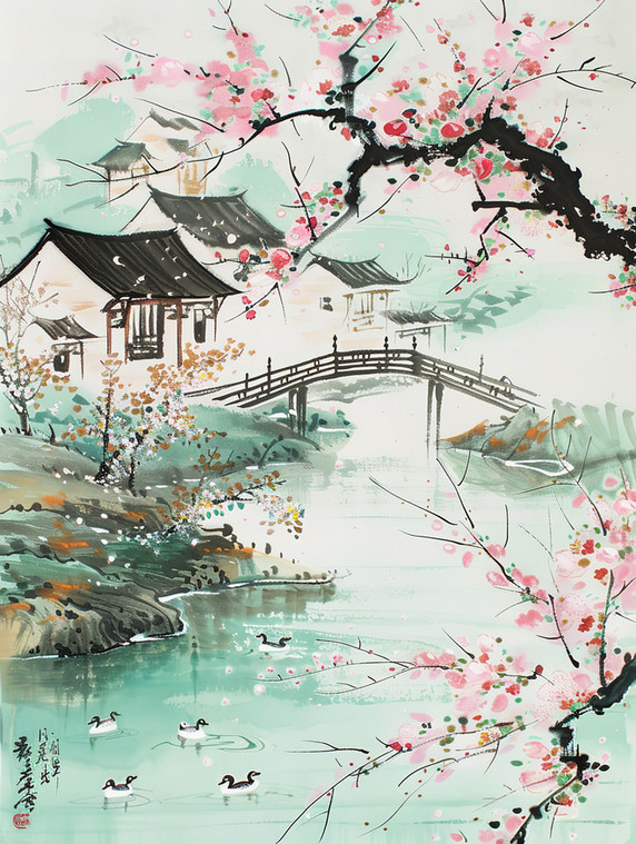 创意桃树盛开的春水风光池塘春天春季江南中国风水墨插画