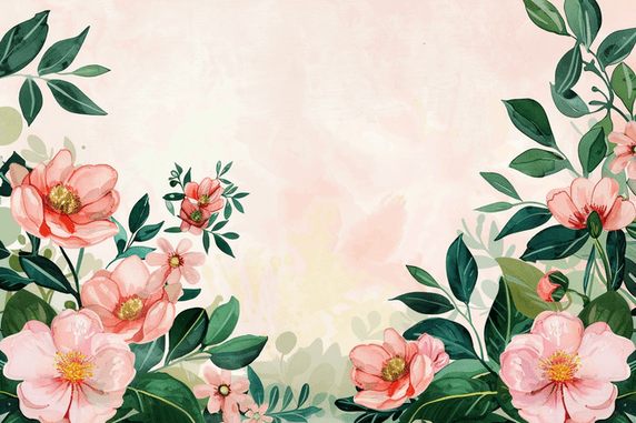 创意春天花朵粉色水彩植物边框植物浅色背景插画