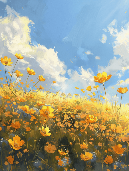 春天春季蓝天白云下户外黄色花朵花丛的背景