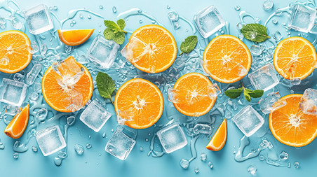 创意切片的橙子冰块夏天清凉水果薄荷叶摄影照片