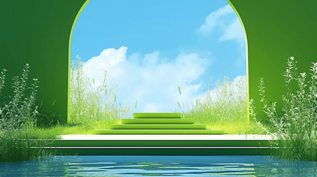 创意绿色空镜大气企业商务宣传抽象春天3D拱门展览空间展台场景素材