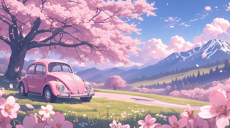 创意春天樱花树下粉红色汽车原创插画