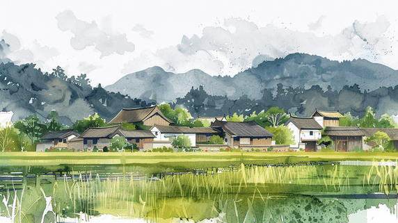 创意农田彩色水彩绘画田园房屋风格的插画2