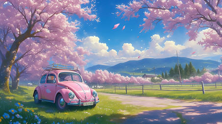 创意春天樱花树下粉红色汽车素材