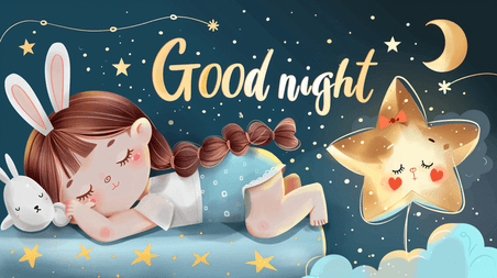 创意夜晚安睡的小女孩睡觉睡眠卡通童话插画9