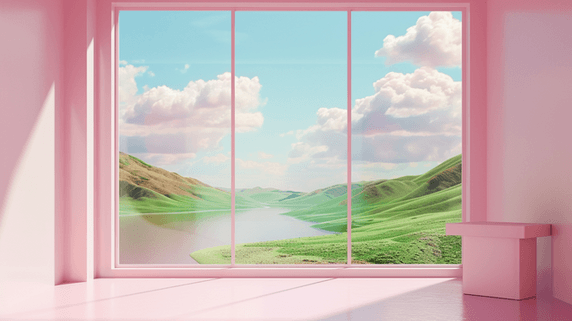 创意粉色大窗春天风景展览空间浪漫窗户3D展台场景设计