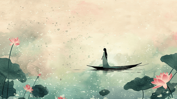 水彩中国风绘画国画艺术古风女子小船的插画2