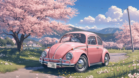 创意春天樱花树下粉红色汽车插画海报