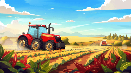 创意彩色农业春耕手绘绘画田野里农拖拉机的插画