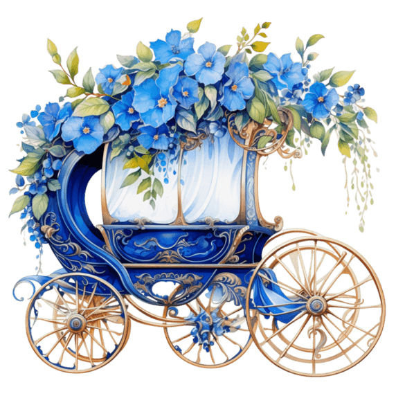创意四轮花车元素免抠图案花朵蓝色童话梦幻春天浪漫马车