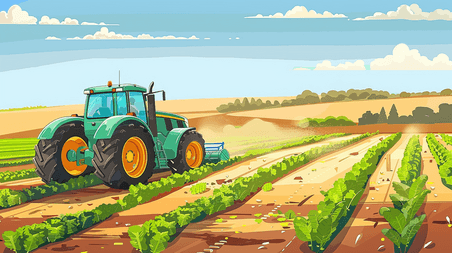 创意彩色手绘绘画田野里农拖拉机农业春耕的插画