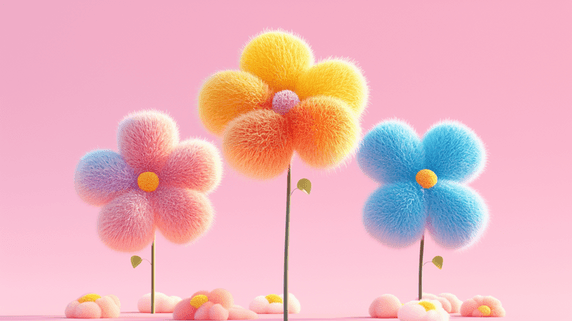 春天梦幻童话儿童节可爱风春天3D毛绒绒质感鲜艳花朵