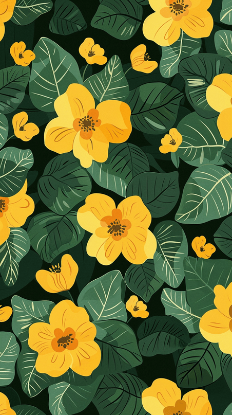 创意春天花朵绿叶平铺无缝底纹植物卡通背景素材