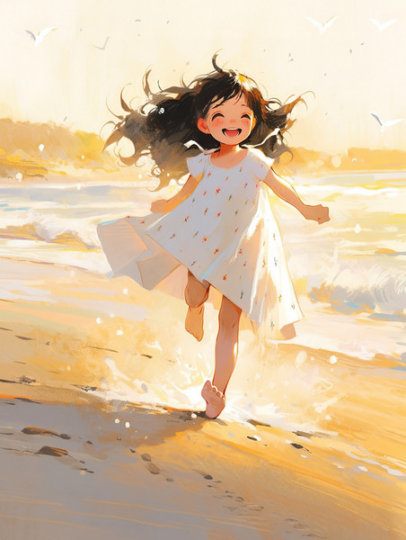 创意夏天大海沙滩漫画梦幻可爱的小女孩在海滩上奔跑矢量插画