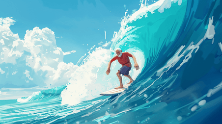 创意蓝色手绘大海运动海上男子冲浪的插画