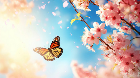 创意粉红色樱花和飞翔的蝴蝶背景素材