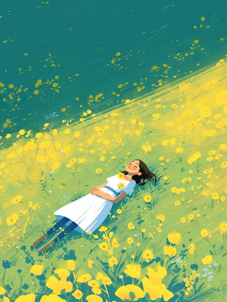 文艺春天浪漫吹风创意女孩躺在花朵丛中素材