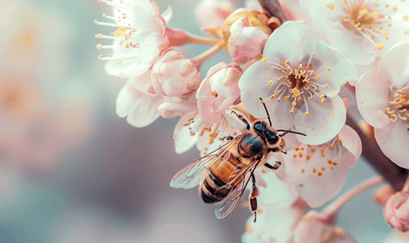 创意春天惊蛰樱花蜜蜂桃花摄影图