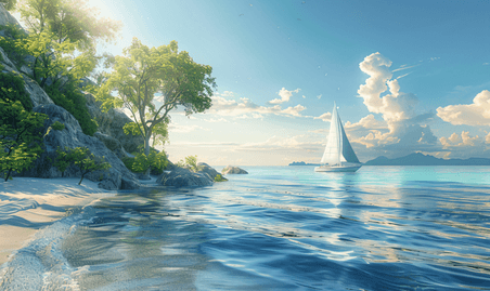 创意静谧的海洋景观大海帆船海面夏天旅游风景