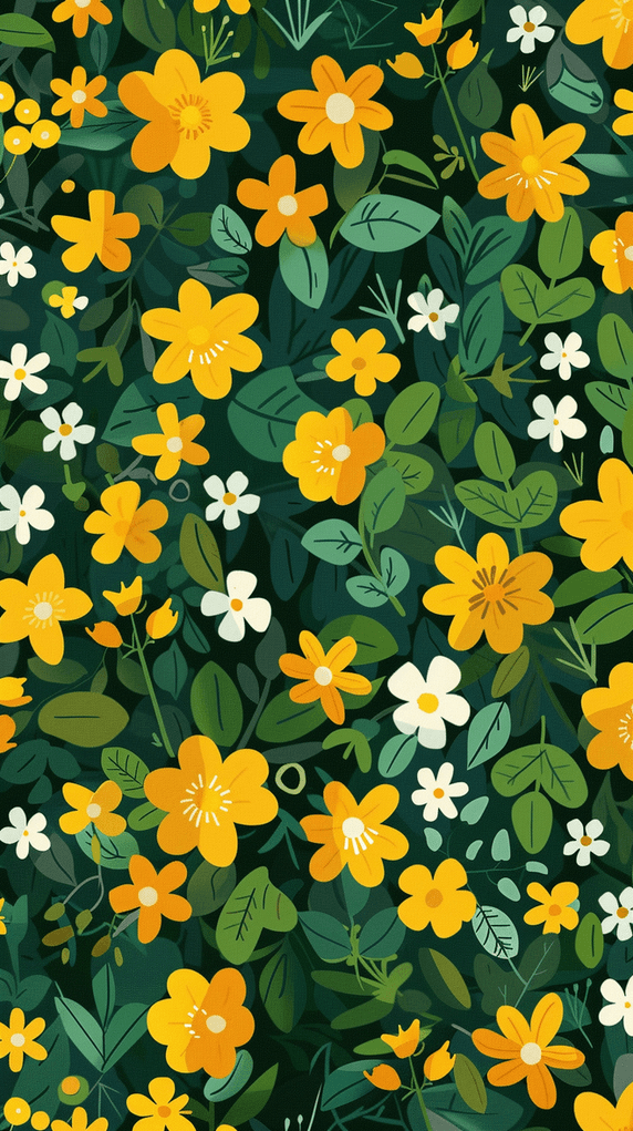 创意春天花朵绿叶植物平铺无缝底纹卡通背景图片