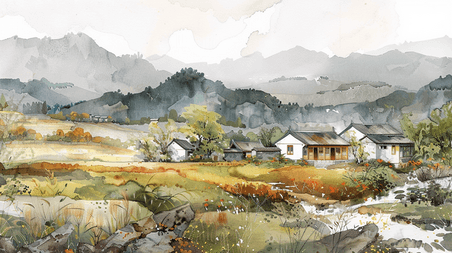 创意彩色水彩绘画田园房屋农田村庄风格的插画1
