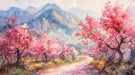水彩春天桃花山水中国风盛开的樱花风景插画