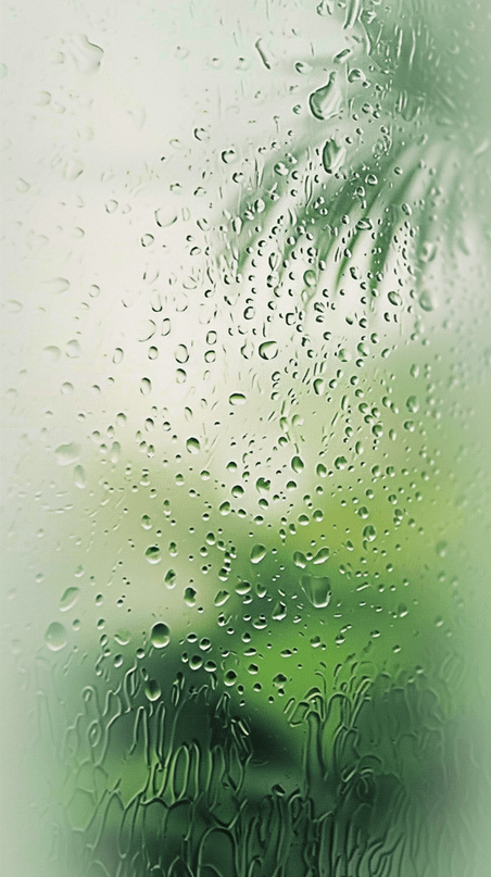 创意春天绿色玻璃窗上的雨点抽象梦幻朦胧下雨素材