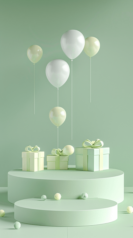 创意春天清新气球礼物盒3D展台场景背景图绿色