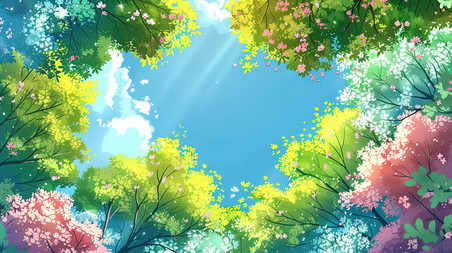创意仰望春天的天空绿树卡通蓝天树木插图
