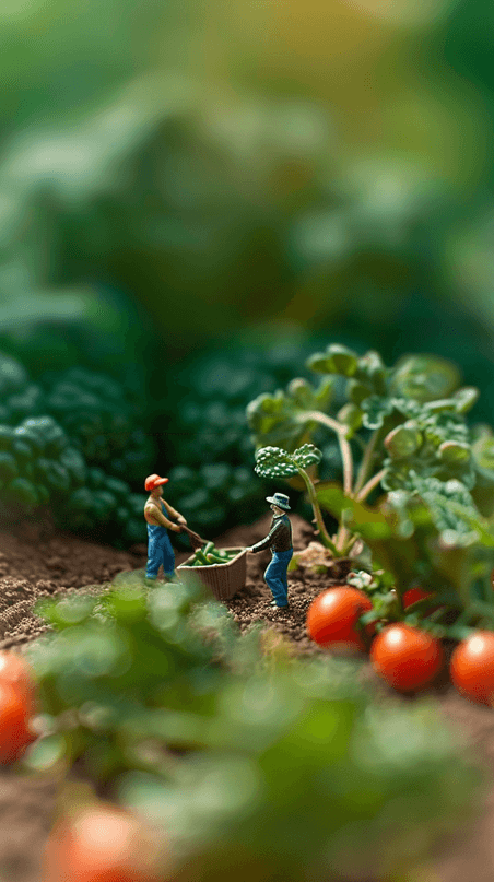 创意五一劳动节菜园里微景观劳动人物种植蔬菜背景图