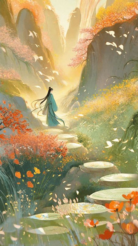 创意与凤行国风浪漫古风古代情侣山水中国风背影插画