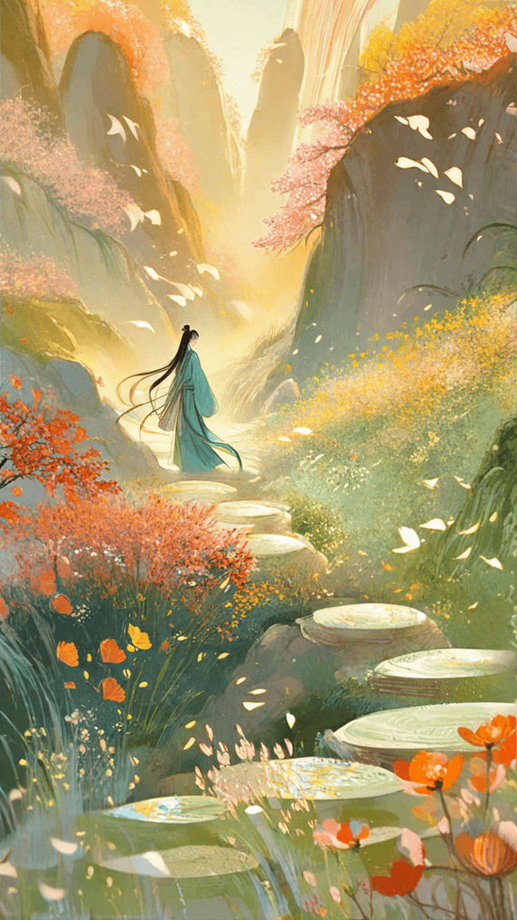 创意与凤行国风浪漫古风古代情侣山水中国风背影插画