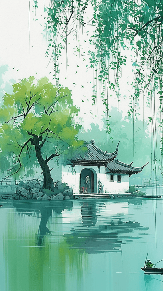 创意青绿色水墨清明节山水园林中国风江南水乡背景