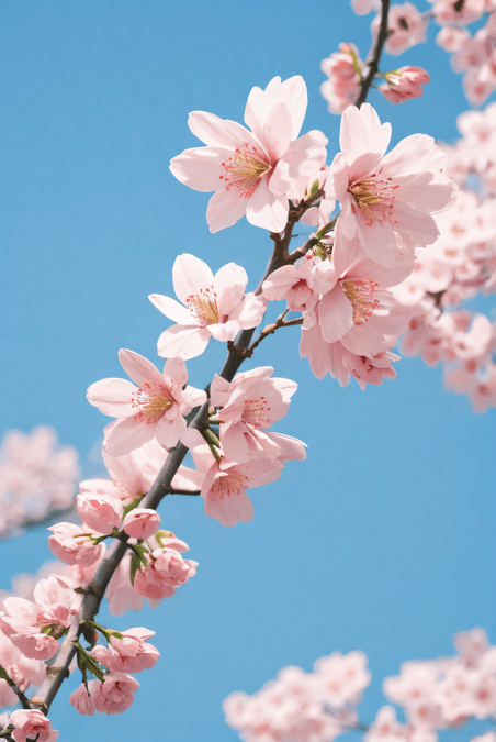 创意春天蓝天下的粉色樱花摄影配图4植物花卉