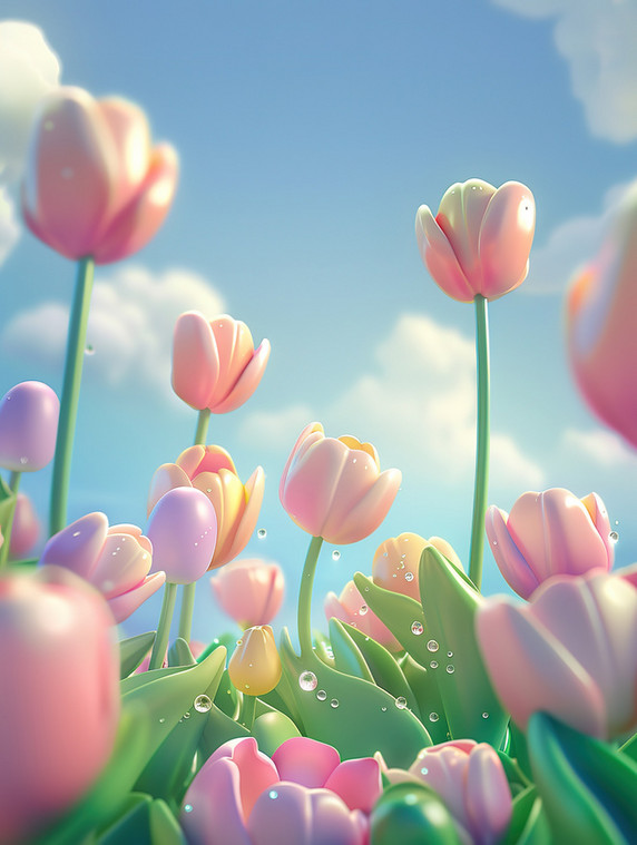 创意3D卡通春季景观郁金香原创春天植物花朵