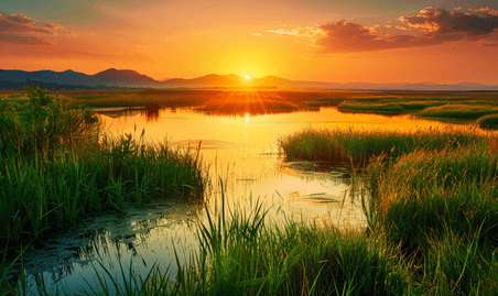 创意草原湿地上的晚霞夕阳落日风景