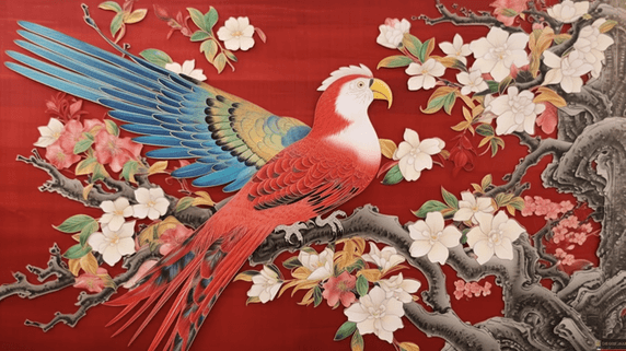 创意国画刺绣鹦鹉鸟绘画图