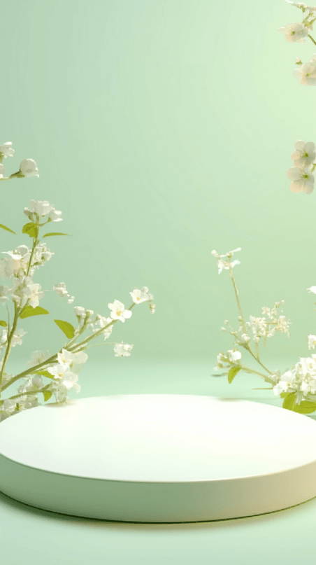 绿色直播花朵浅绿清透质感春天3D梨花花枝电商展台素材