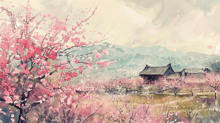 创意彩色水彩春天桃花山水中国风盛开的樱花风景插画