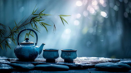 创意春天绿色中国风茶叶春茶青色茶具立体描绘摄影照片