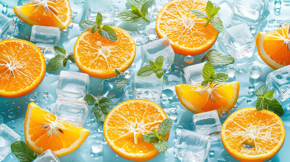 夏天清凉水果切片的橙子冰块薄荷叶摄影配图