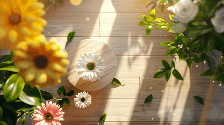 创意阳光照射温馨室内唯美花朵绿植的插画