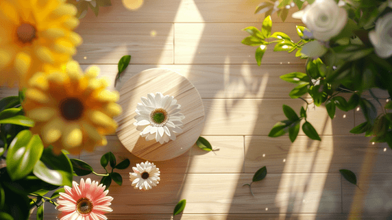 创意阳光照射温馨室内唯美花朵绿植的插画