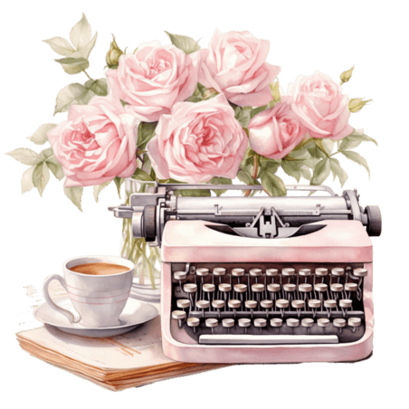 浪漫文艺粉色打字机玫瑰下午茶创意花朵打字机元素免抠图案