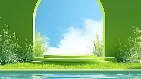 创意空镜大气企业商务宣传抽象绿色春天3D拱门展览空间展台场景图片