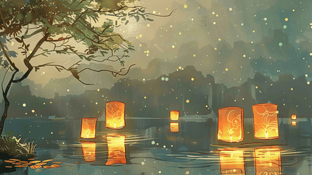创意彩色手绘户外风景山水景色河面孔明灯的插画祭祀祭祖