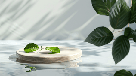 创意木盖绿叶夏天夏季清新简约光影水面木桌展台漂浮素材背景